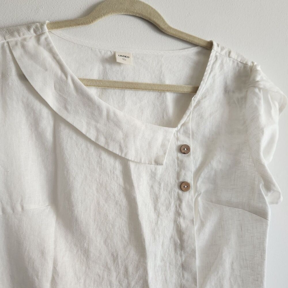 Lintico white 100% linen L short sleeve button detail coastal minimalist dainty - Picture 4 of 9